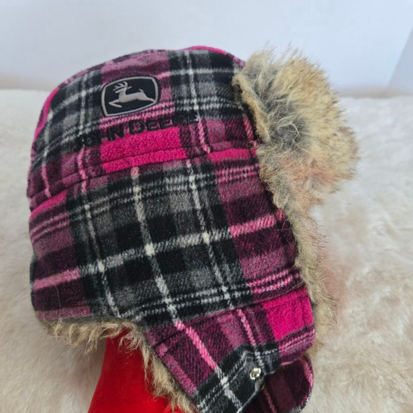 Women's John Deere Plaid Trapper Hat One Size Pink Black Faux Fur - Picture 2 of 12